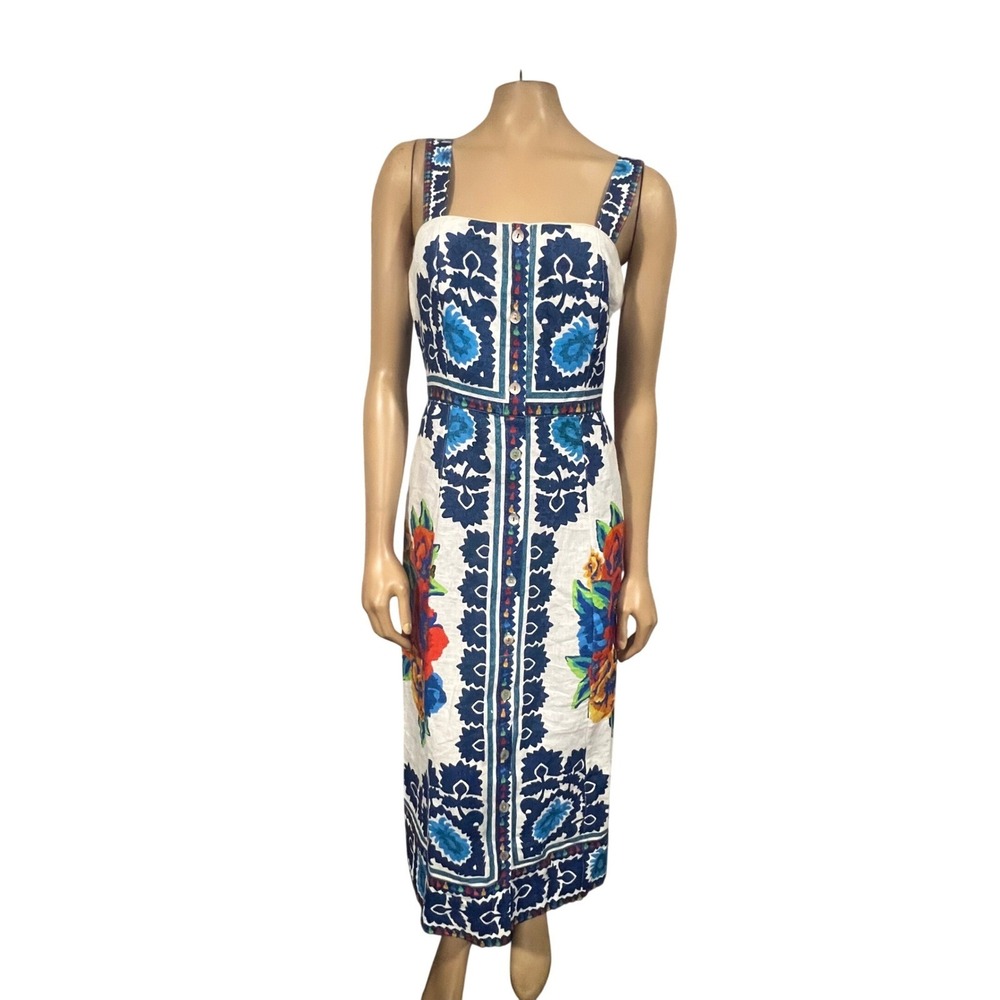 Farm Rio Flower Tapestry Off-White Midi Dress Blue Floral Button Front NWT M - Picture 8 of 11